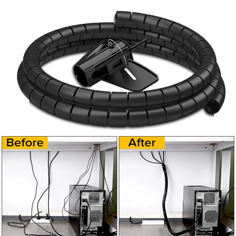 Black Cable Wire Protector Cable Organizer Management Pipe Flexible Wire Wrap Line Coiled Tube Office Cord Sleeve Cover 1.5M