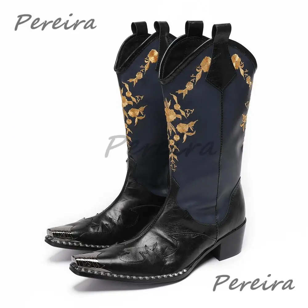 Luxury Golden Embroidered Chelsea Boots Red Black Genuine Leather Knee High Boots Autumn Winter Men Trendy Western Cowboy Boots