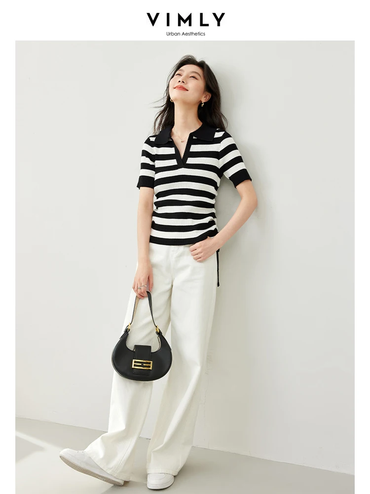 Vimly Classic Black White Striped Short Sleeve T-shirt 2024 Summer New Polo Collar Side Drawstring High Stretth Knit Tops 30118