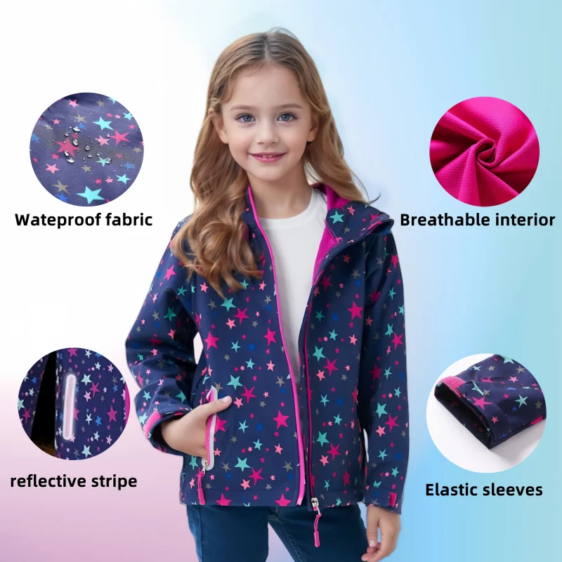 Semywang Girls Boys Waterproof Detachable Hood Fleece Lined Hiking Jackets Kids Track Rain Coat Child Outfit Tops Windbreaker