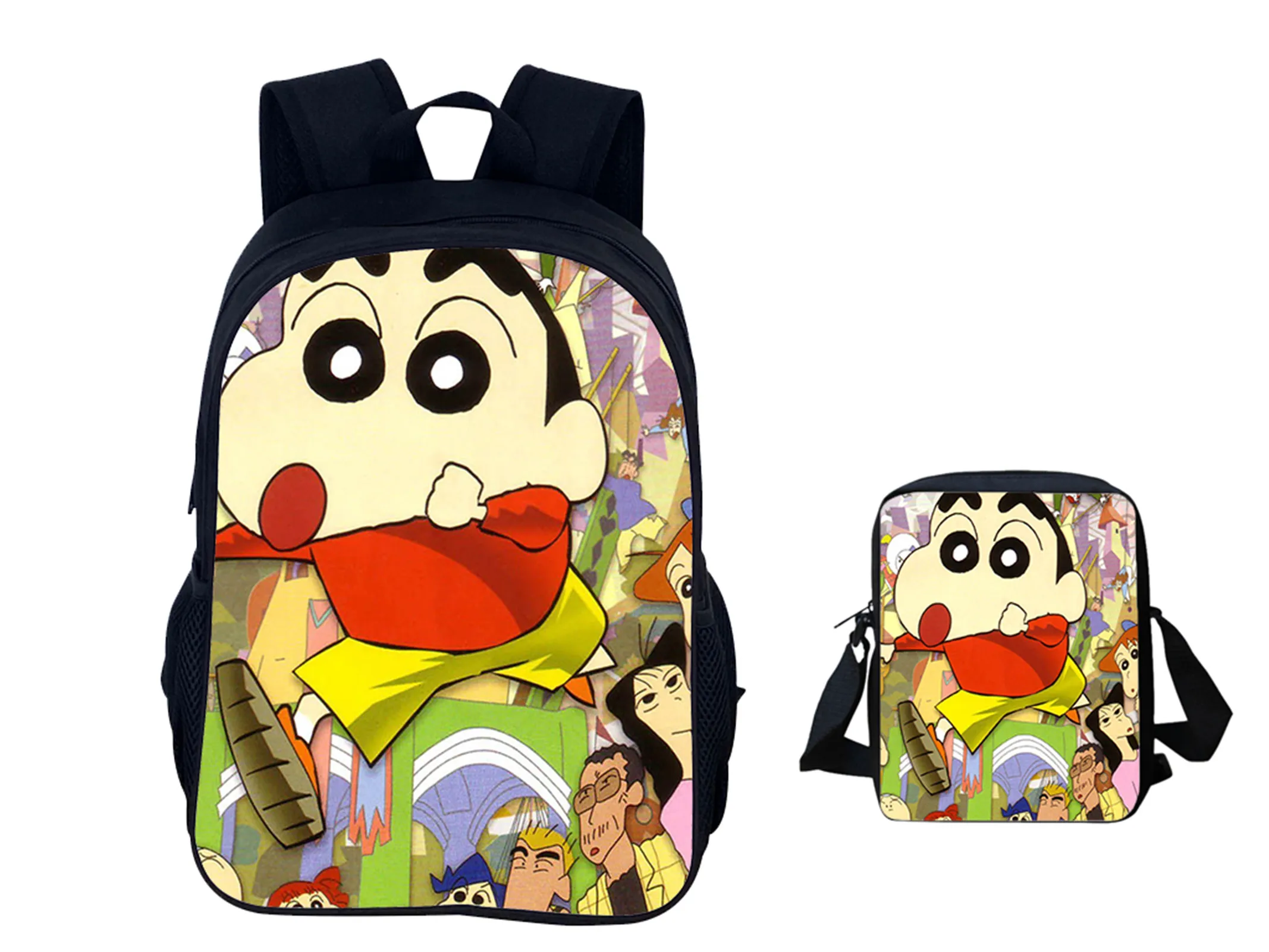 Unisex Children Crayon Shin-Chan Multifunction Knapsack 2Pcs Set-Back to School Backpack and Canvas Side Bag for Student