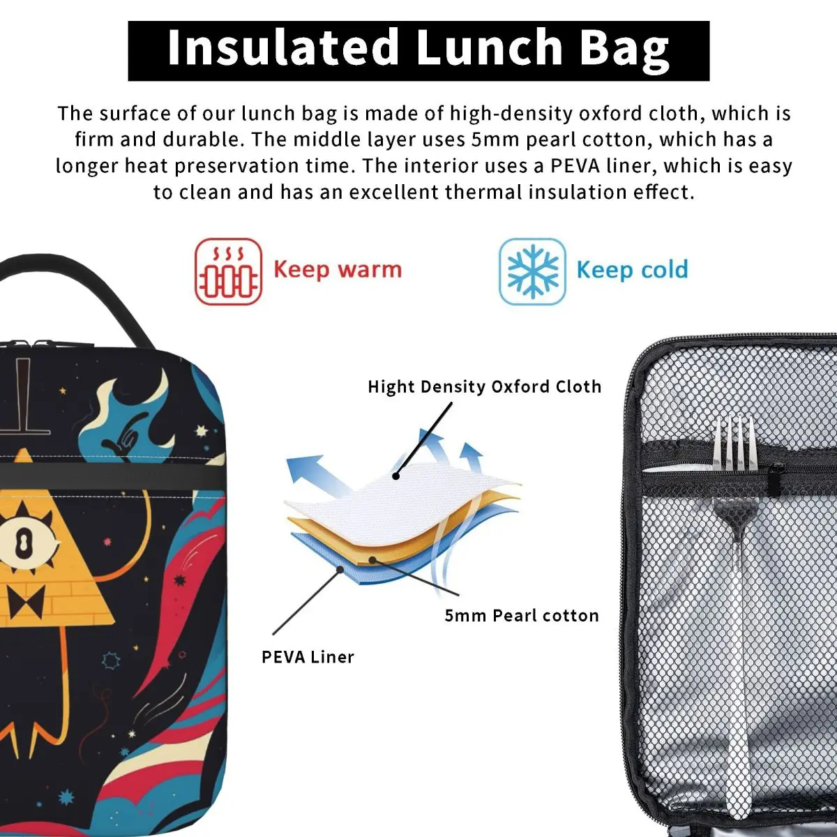 Cartoon Gravitys Falls Insulated Lunch Bag for Women Kids Leakproof Food Boxes Thermal Lunch Box Tote