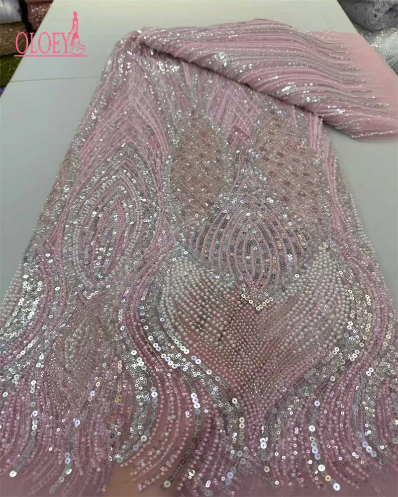 

OLOEY African Lace Fabric for Wedding Sewing, Soft Tulle Mesh Fabric, Sequin Beads, French and Nigerian, High Quality
