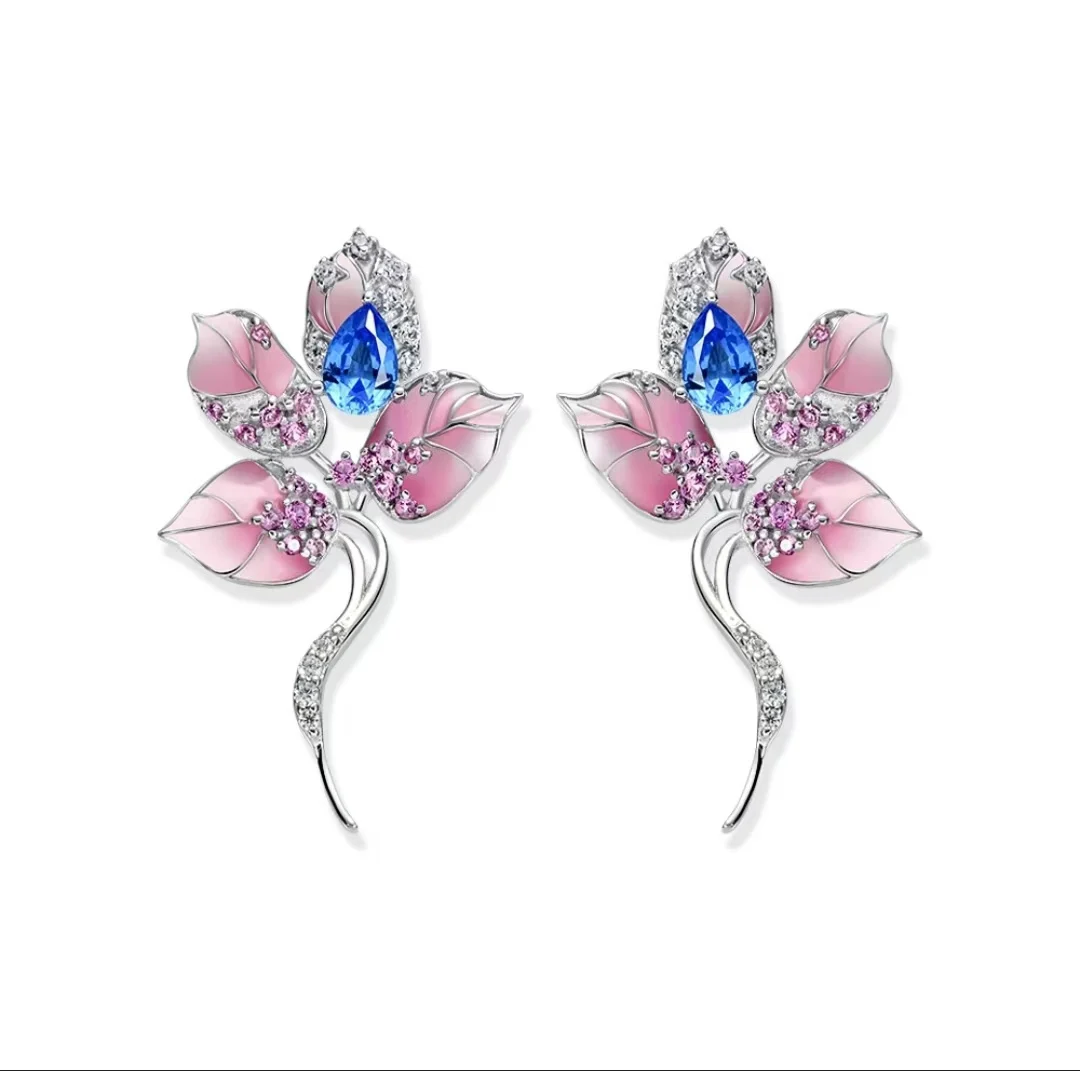 ZOCA S925 Sterling Silver Pink Color 1ct Lab Grown spinel Flower Earrings for Women Rhodium Plated Stud Earrings Fine Jewelry