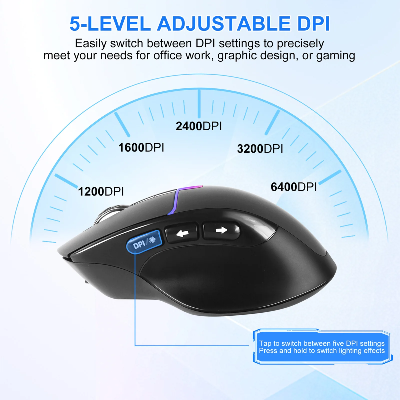 2.4G + Bluetooth 5.1/5.2 Dual-Mode Rechargeable Wireless Ergonomic Mouse With RGB Light LED Smart Display 5 Level DPI Adjustable