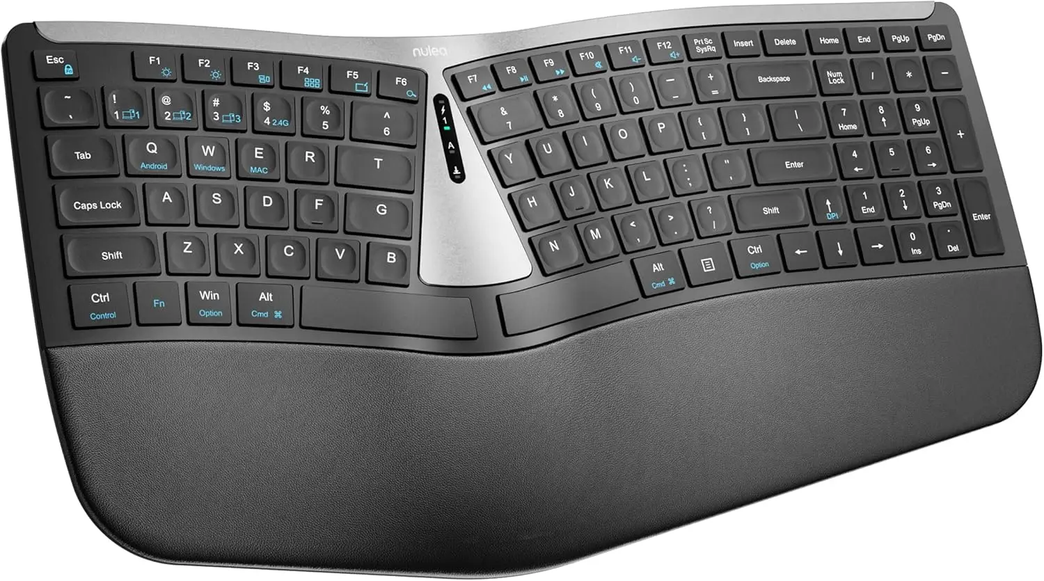 Ergonomic Split Wireless Keyboard with Wrist Rest, Bluetooth/USB Connectivity, USB-C Rechargeable for Windows/Mac (Silver Black)