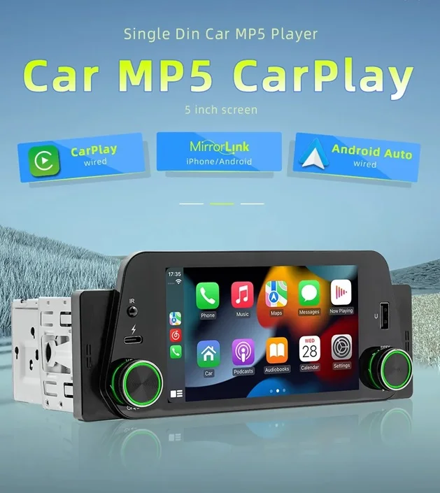 HENMALL Car MP5 Player F152C 5INCH 1Din With Wired Carplay Android Auto Bluetooth Handsfree Mirror Link FM/AUX/USB