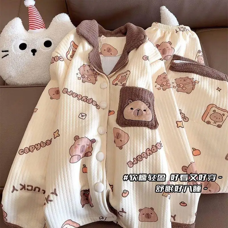 

Пижамы осень-зима с героями мультфильмов, воздушный хлопок, женская теплая домашняя одежда с рукавами, многослойная длинная верхняя одежда, повседневная одежда, уютная одежда для дома, одежда для сна