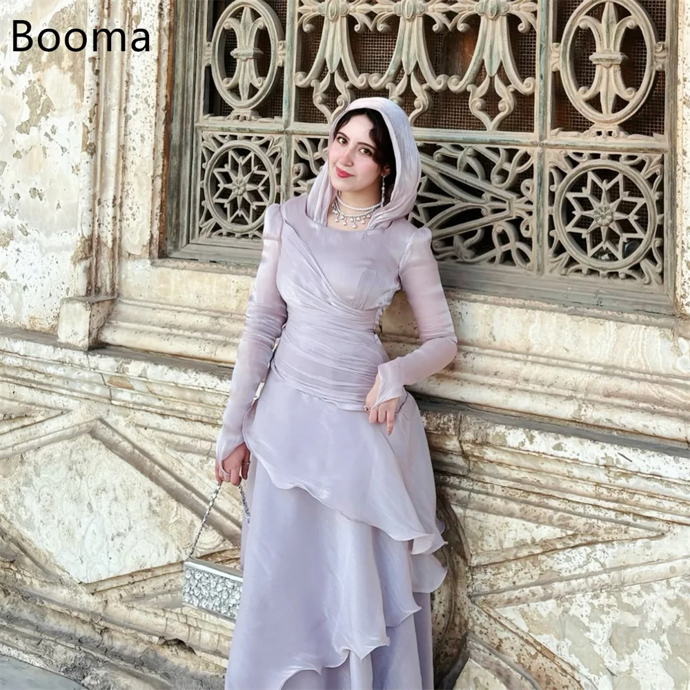 

Booma A-Line O-Neck Pleat Shiny Dresses Formal Party Gowns for Women Long Sleeve Simple Prom Gown Customize