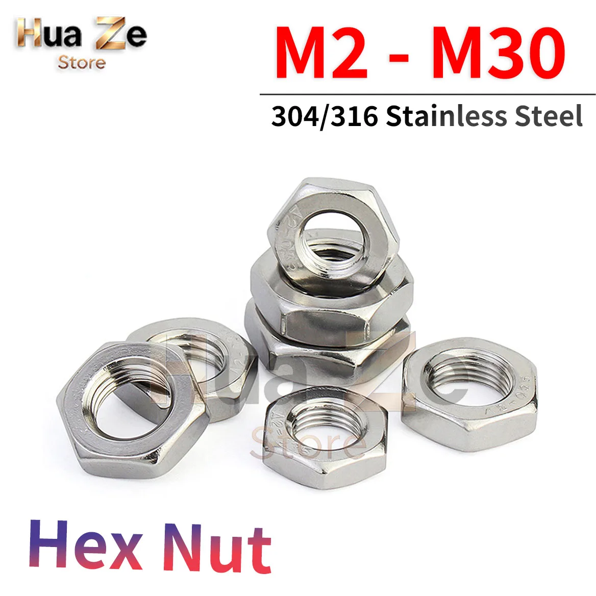 1-100pcs M2 M2.5 M3 M4 M5 M6 M8 M10 M12 M14 M16 M18 M20 M22 M24 M27 M30 DIN934 304/316 Stainless Steel Hex Hexagon Nut