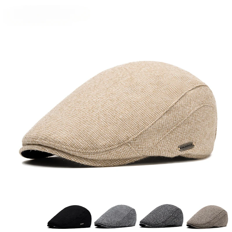 

Autumn Winter Warm Fleece Beret Men's Knitted Flat Cap Adjustable Casual Newsboy Hat