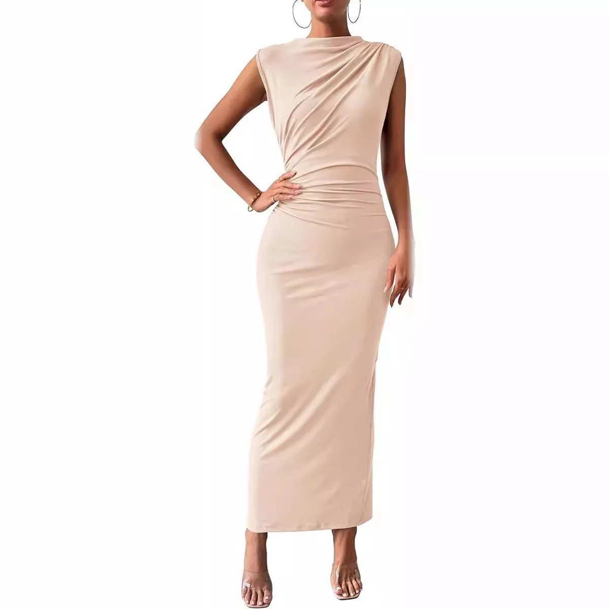 Cross-Border Spring Summer Women's Faion Svel Ba Split Pleated Tight Dr Clean Fit High Waist Linen Polyester Ble...