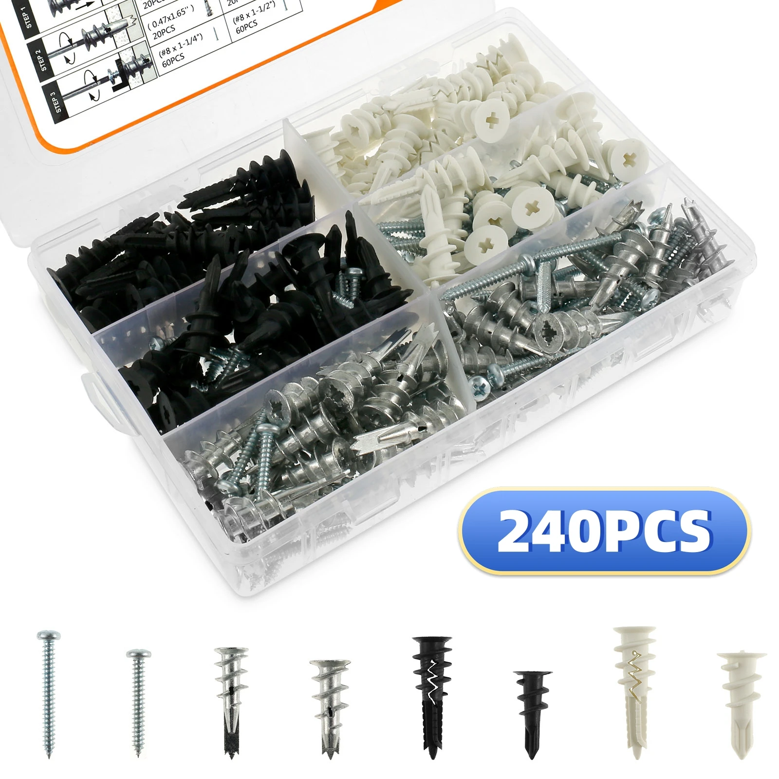 

240PCS Self Drilling Drywall Anchors With Screws Kit Metal Self Drilling Screws Bolt Plug for Electrical Kitchen Accessories