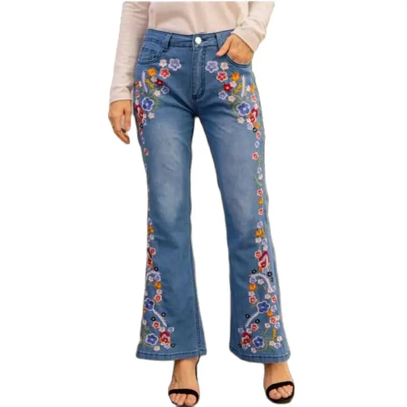 Washed loose fitting women's jeans, European and American fashion trend, high waisted embroidered slim fitting flared pants