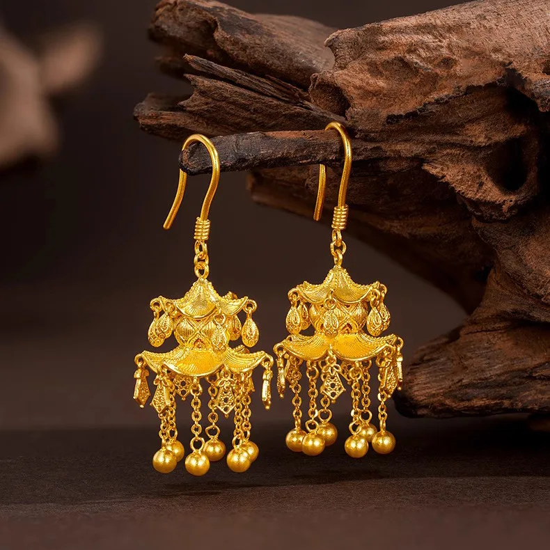 

Женские серьги в императорском стиле, золото 24 карата, AU999 | Пион из цельного золота с бриллиантами, гравировка «Грация» для regal charm.