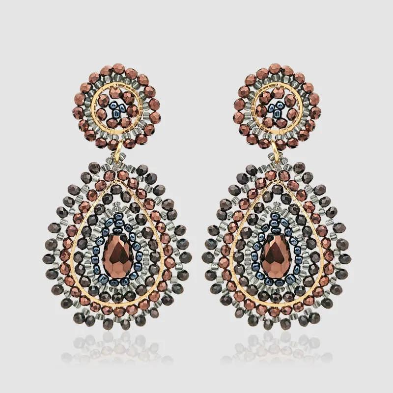 

ZGMXR Rice bead earrings Crystal Water droplet Hand-woven Creativity Retro Bohemia Alloy Woman Simple Beaded earrings
