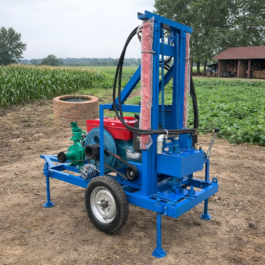 Portable Water Well Drilling Machine Diesel Hydraulic Wheeled Lightweight Easy Move 100m 150m 200m
