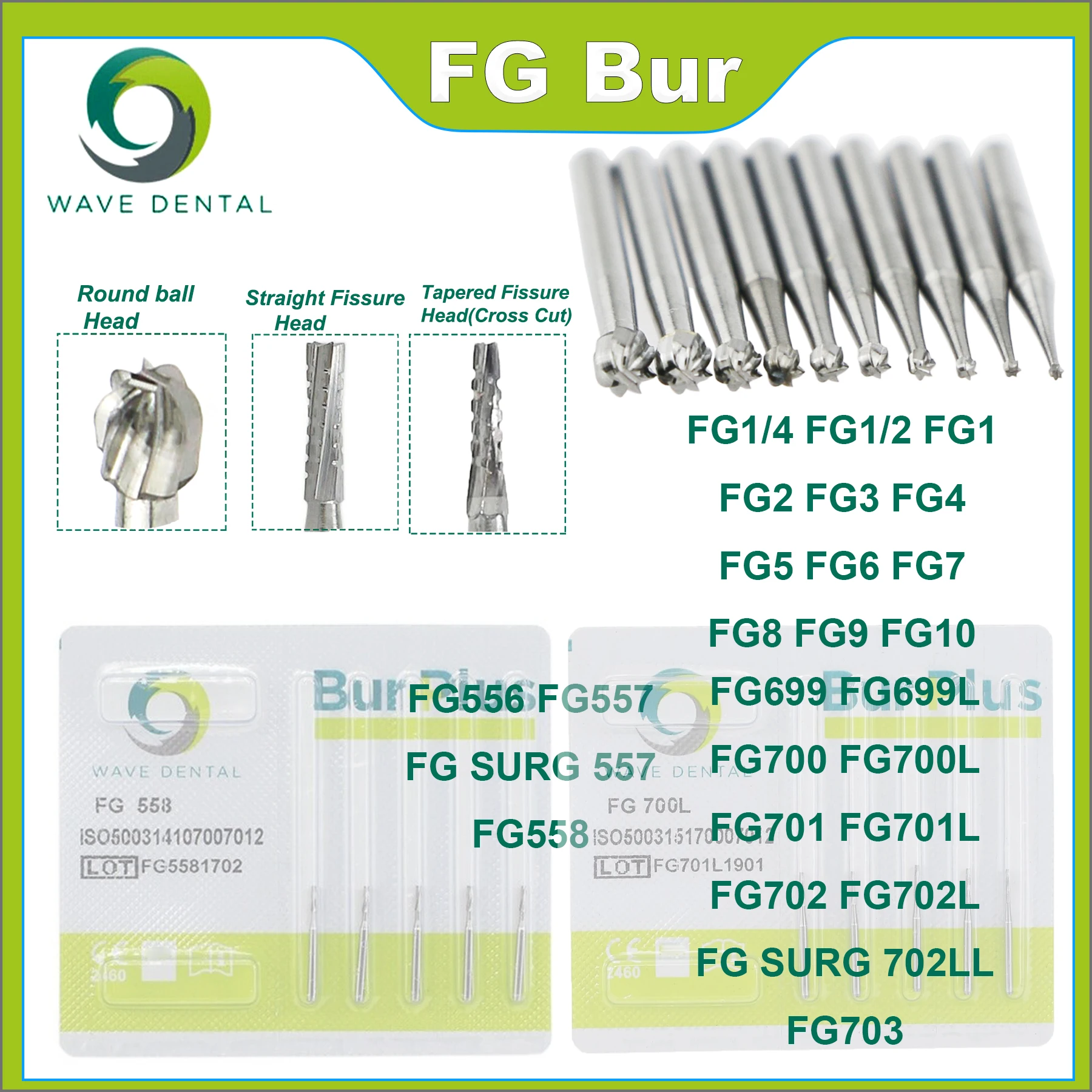 

WAVE Dental Burs FG Tungsten Carbide Burs Dentistry Drills Strawberries Dia.1.6mm For High Speed Handpiece 5Pcs/Pack