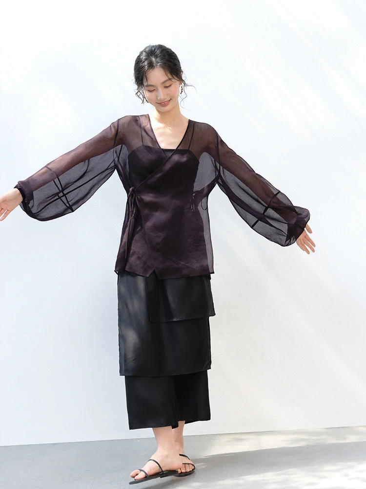 

Новая коллекция Le: Летний ультратонкий топ из бамбукового волокна и шелковой смеси с V-образным вырезом и длинными рукавами для женщин