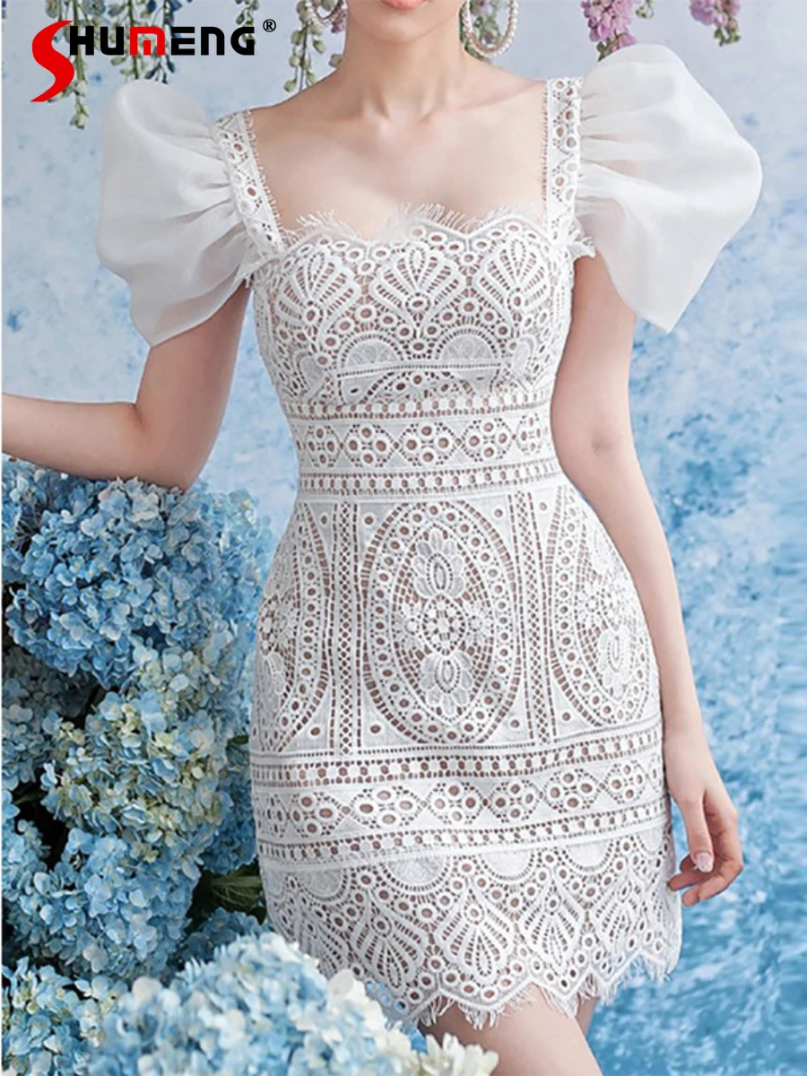 

Fashion Puff Sleeve Slim-fit Dress Tight Waist Women Socialite Temperament Lace Solid Color Hollow Out Nice Slimming Dresses