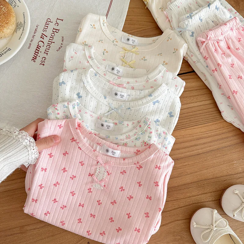 2-8T Summer Flower Girl Pajamas Set Toddler Kid Baby 2pcs Clothes Set Short Sleeve Top Pant Suit Homewear Cotton Two Piece Set