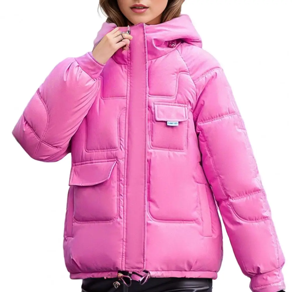 

Coat Thickened Padded Stuffed Solid Color Warm Multi Pockets Hooded Long Sleeve Zipper Closure Windproof Down Jacket