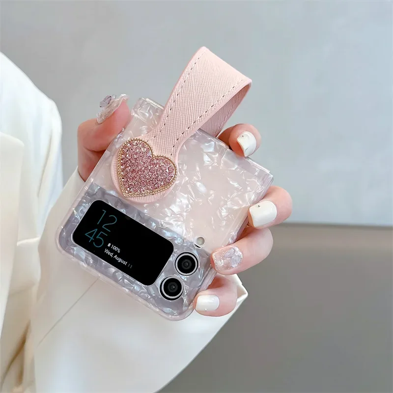 เคสโทรศัพท์กรอบสายคล้องหัวใจสำหรับ Samsung Galaxy Z flip 6 5 4 3ฝาหลังป้องกันสำหรับ ZFlip4 ZFlip5 ZFlip6เคส