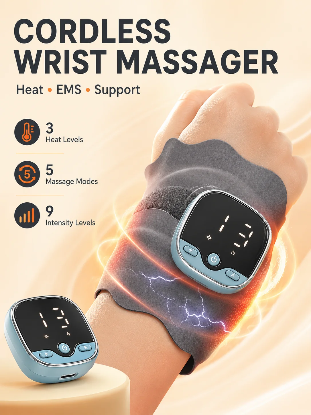 Cordless Wrist Massager Electric Heating Wrist Brace EMS Hand Support 3 Heat Levels 5 Modes For Men Women