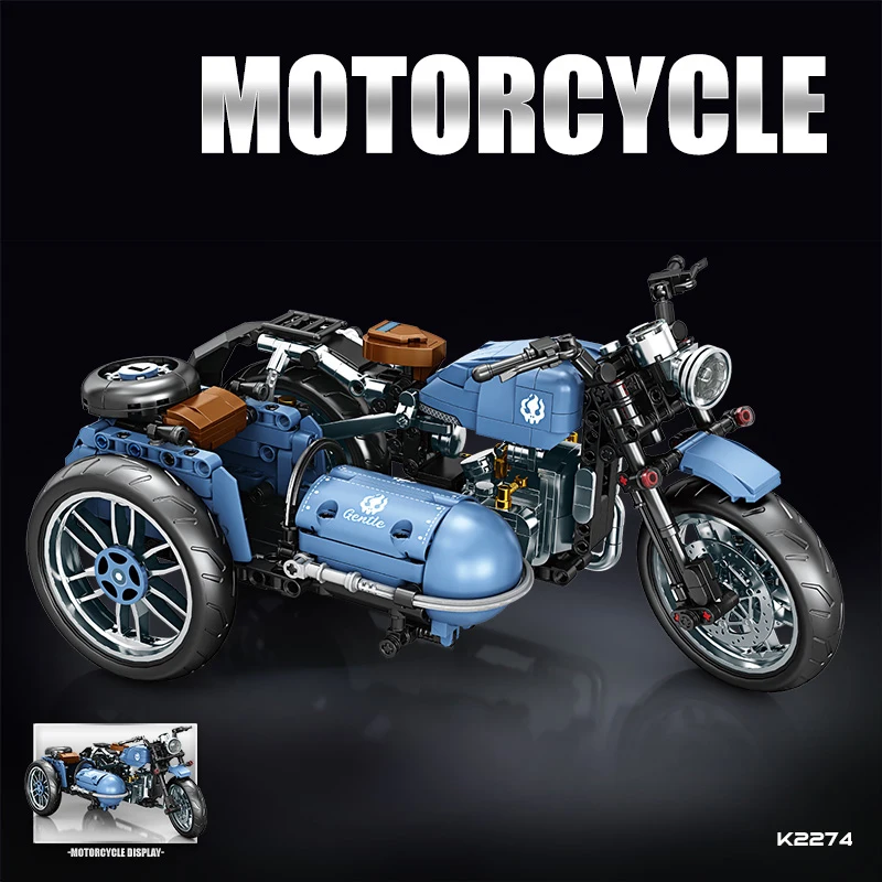 Conjunto de Blocos de Montar de Motocicleta Retro com Sidecar, Modelo de Triciclo Vintage com Carro Lateral, Brinquedo de Montagem DIY