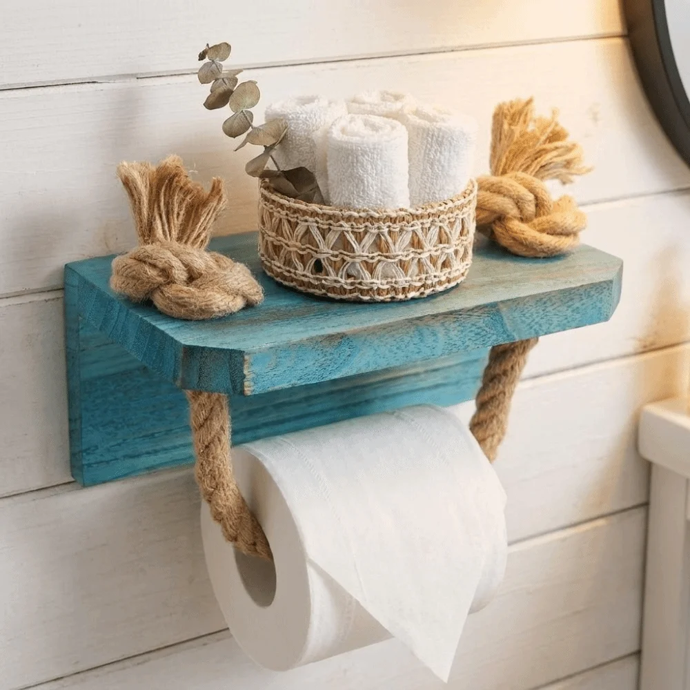 Nautical Style Toilet Paper Holder Rustic Space-Saving Roll Paper Holder Wood Decorative Maritime Rope Paper Holder Beach House