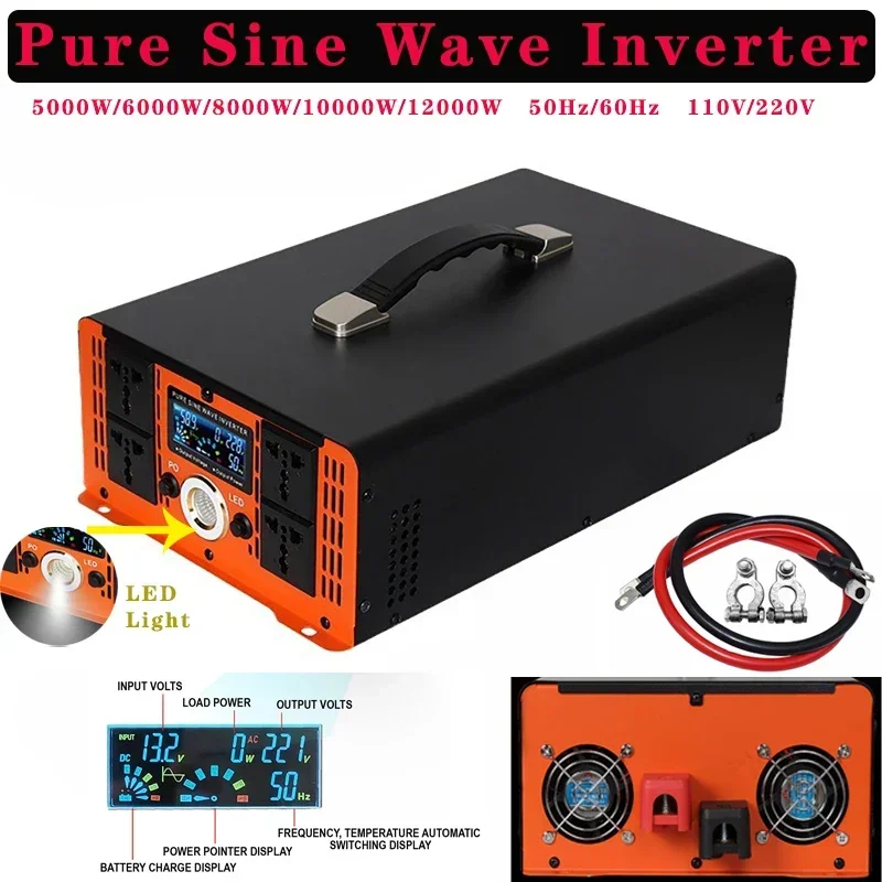 12000W Pure Sine Wave Inverter AC 220V/110V Solar Power Inverters 50Hz/60Hz 24V/48V/60V/72V/96V Car Charging Converter+LED Light