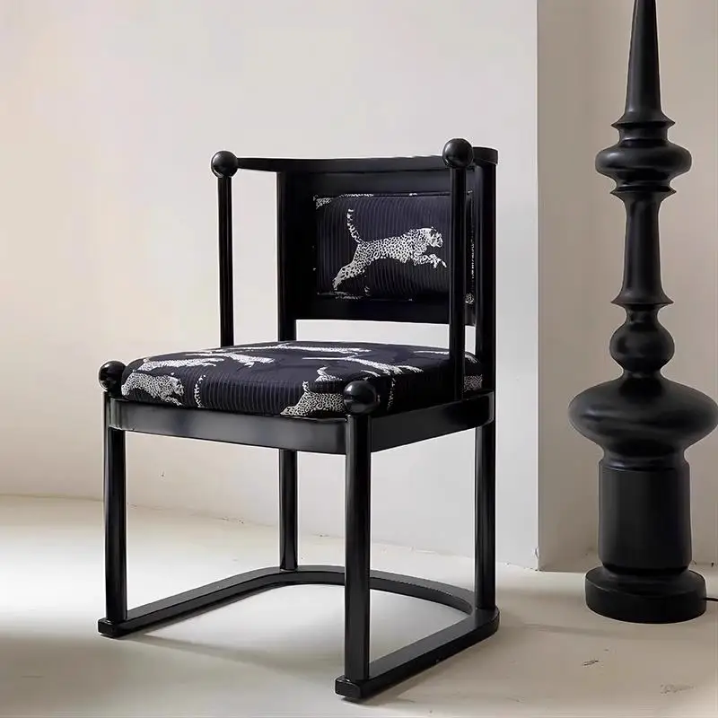 

French Country Solid Wood Dining Chair Mid-Century Modern Leopard Print Vintage Upholstered Side Armchair for Living Room
