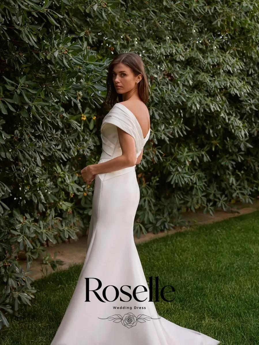 ROSELLE V-Neck Off Shoulder Pleat Mermaid Wedding Dress Open Back Sweep Train Elegant 2026 Bridal Customized свадебное платьеl