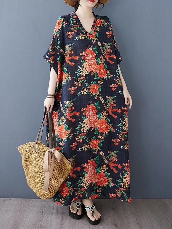 Summer Floral Print Vaion Sle Travel Long V-Ne Retro Cotton Linen Dr Knee-Length Meat Concealing Straight Cut Gown