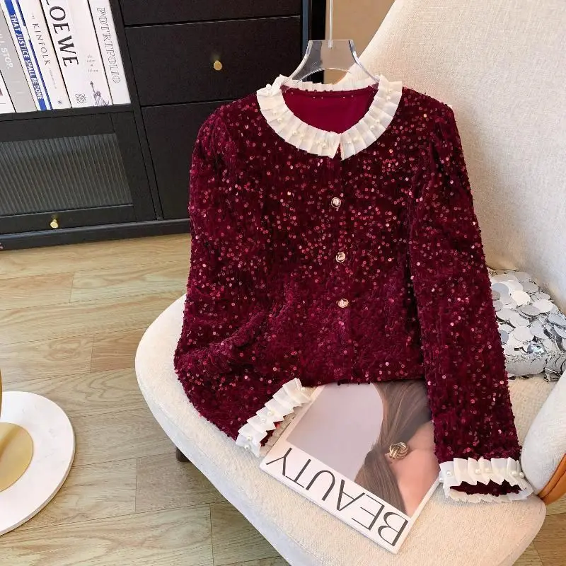 Luxury Sequin Velvet Long-Sleeve Shirt Coat Spring Autumn New Design Ruffled Patchwork Button-Down Pearl O-Neck Base Layer Tops