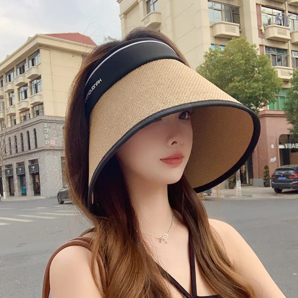 

Elegant Foldable Woven Empty Top Cap Bow UV Protection Wide Brim Bucket Hat Sunshade Sunscreen Hollow Straw Hat Summer