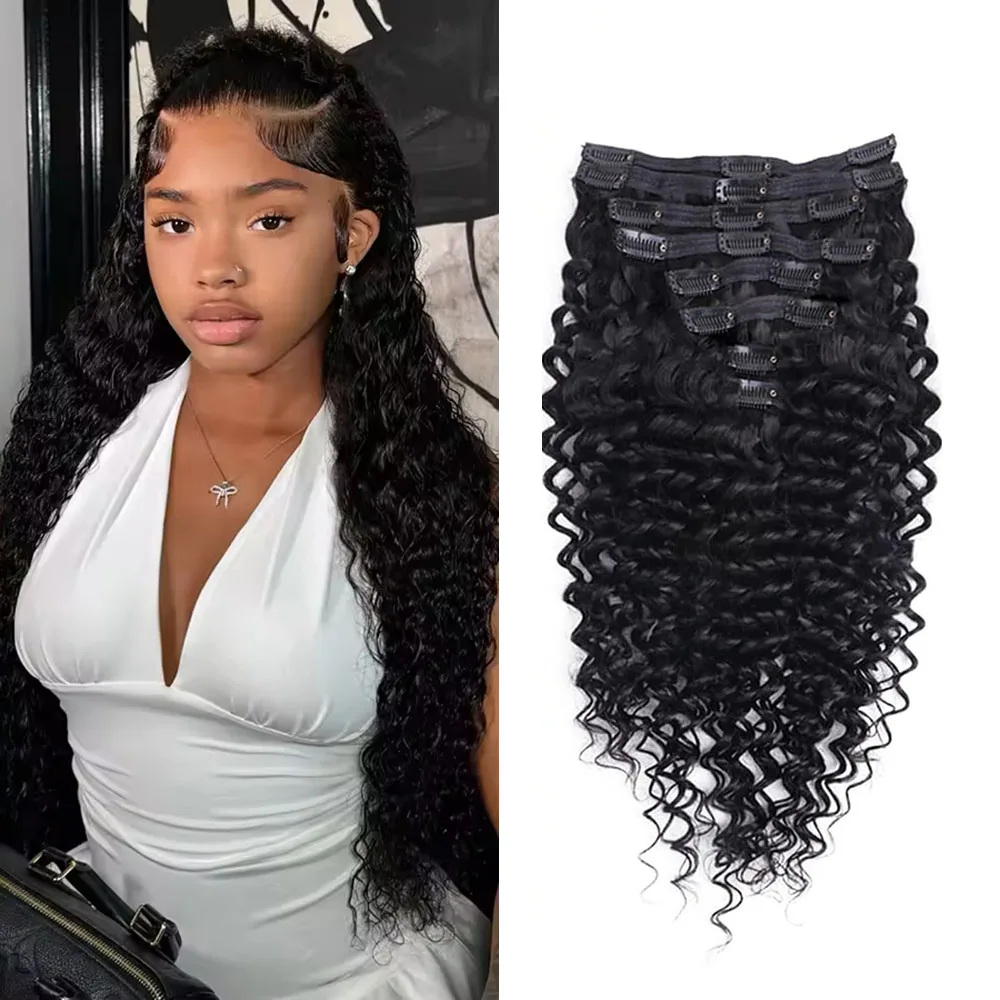 

Парик для наращивания, 8 шт., глубокие волны, наращивание человеческих волос на клипсе, 8-26 дюймов, 100% бразильские человеческие волосы # 1 натуральный черный для чернокожих женщин