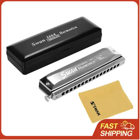 Swan SW-1664 16 Holes Chromatic Harmonica C Key 64 Tones Mouth Organ with Storage Case and Cleaning Cloth for Kids & Adults