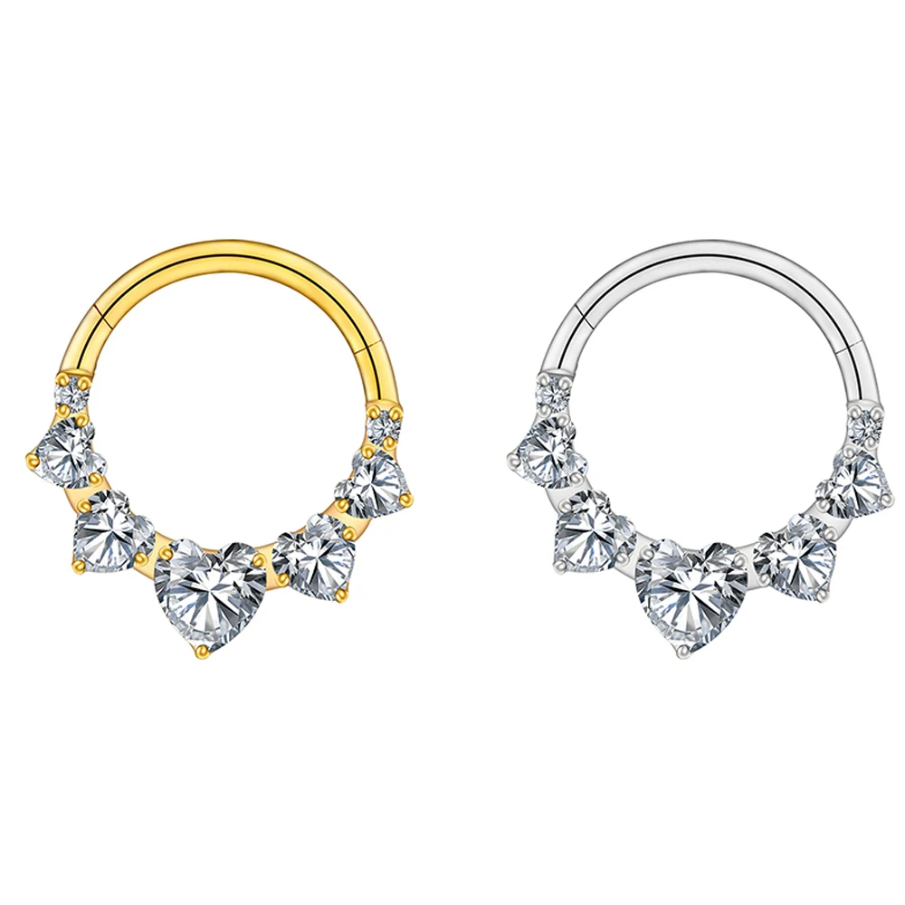 Grand ASTM F136 Titanium CZ Heart Daith Earring Hoop 16G Hinged Septum Clicker Nose Ring Hypoallergenic Piercing Jewelry