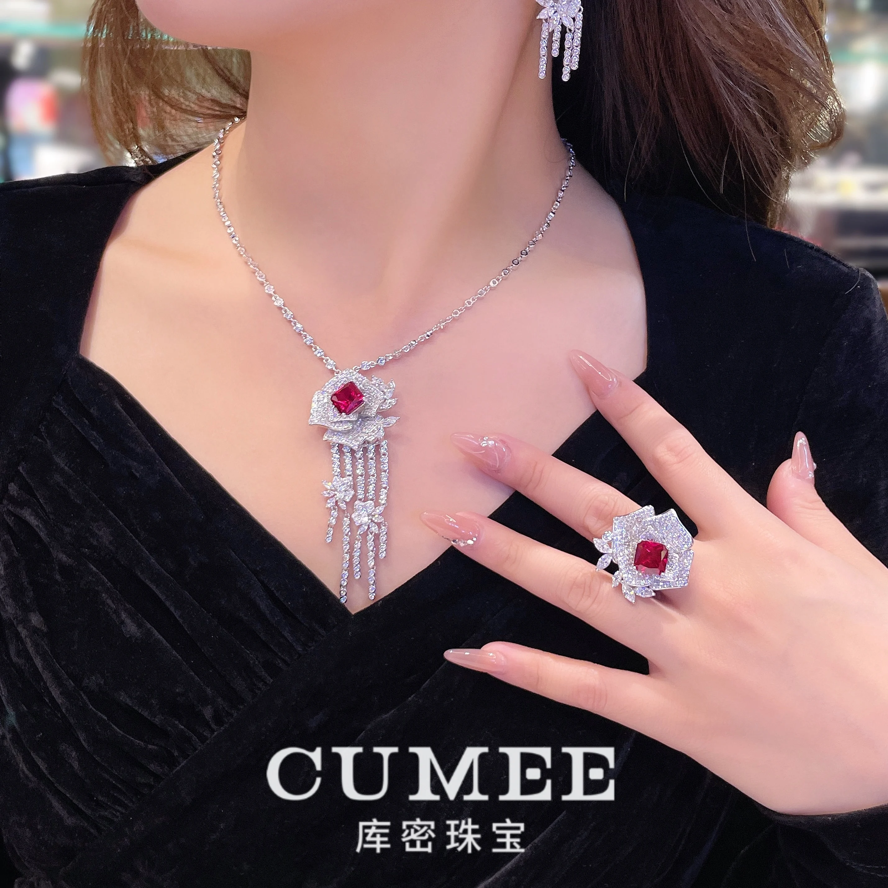 CUMEE Fine Jewelry Rose Flower Cultivate Ruby Rings Women Girlfriend 925 Sterling Silver Gift White Gold Plated