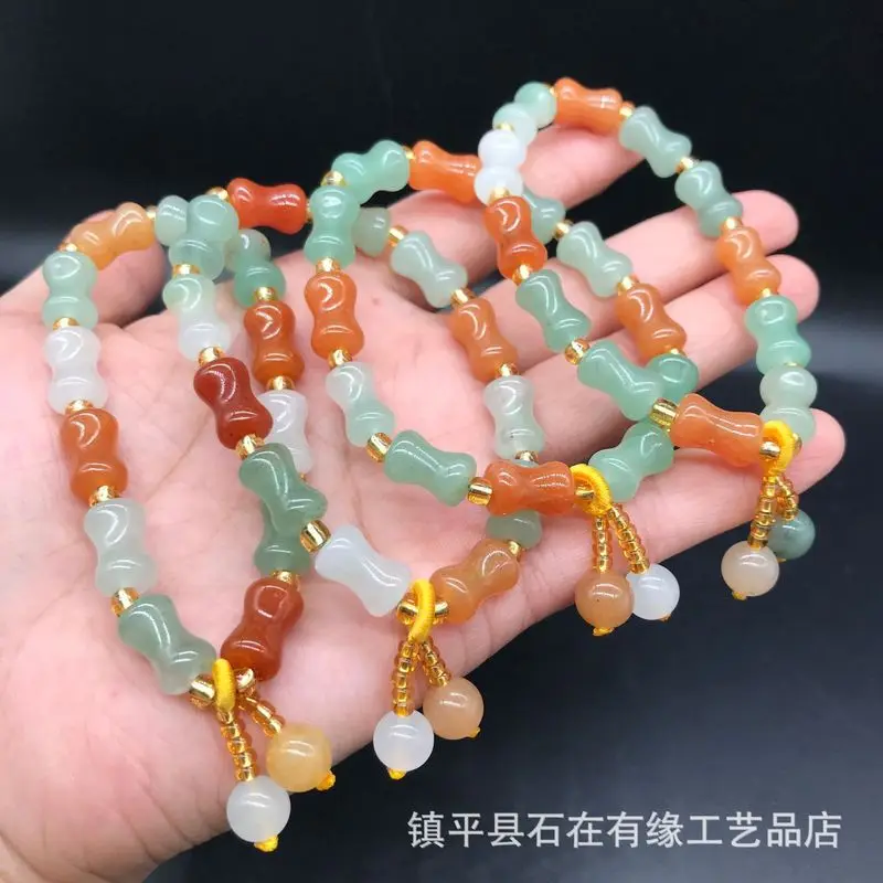 Natural Aventurine Bamboo , Golden Silk , Tri-Color Jade Fortune Bead Bracelet Jewelry