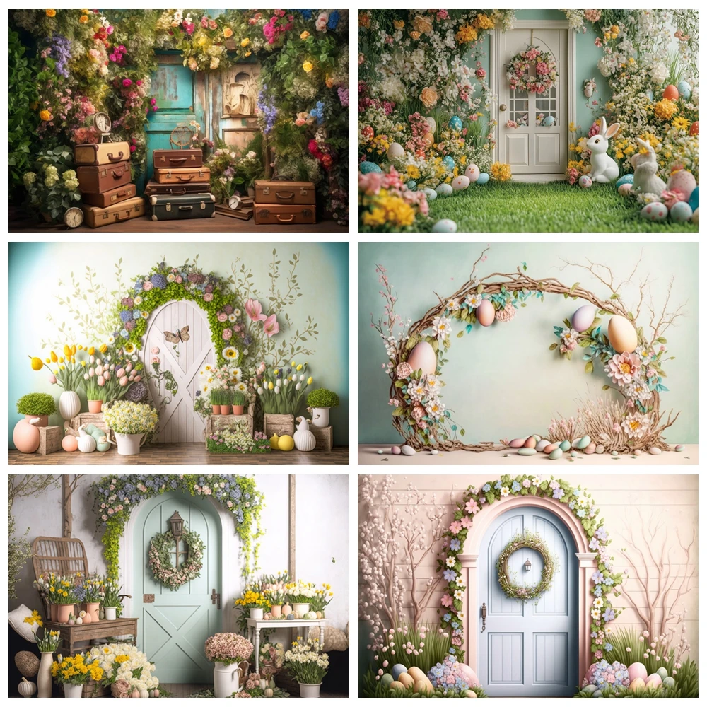 Laeacco Spring Flower Shop Photography Backdrop Easter Bunny Tulip Garden Colorful Eggs Kids Birthday Portrait Photo Background