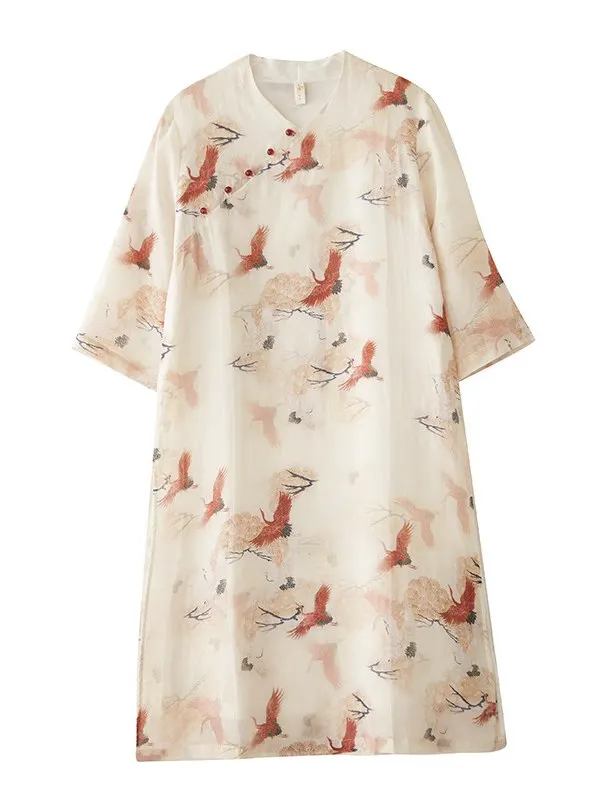 Retro chinês sle floral impressão dr feminino verão vento gola inclinada botão dupla camada saia melhorada