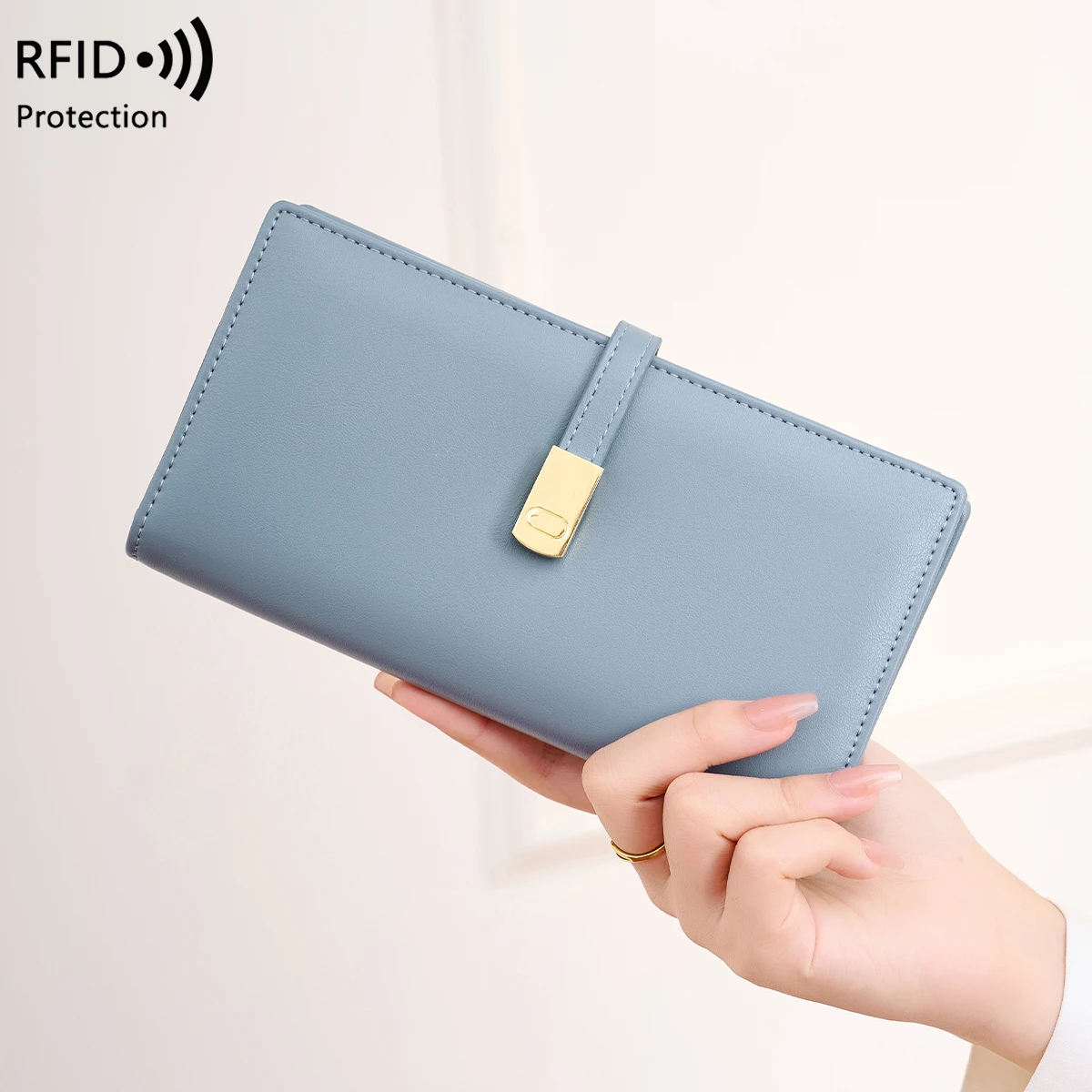 

Женский кошелек с защитой от кражи RFID, большая емкость, модная пряжка, многофункциональный, ультратонкий, портативный, длинный, новый