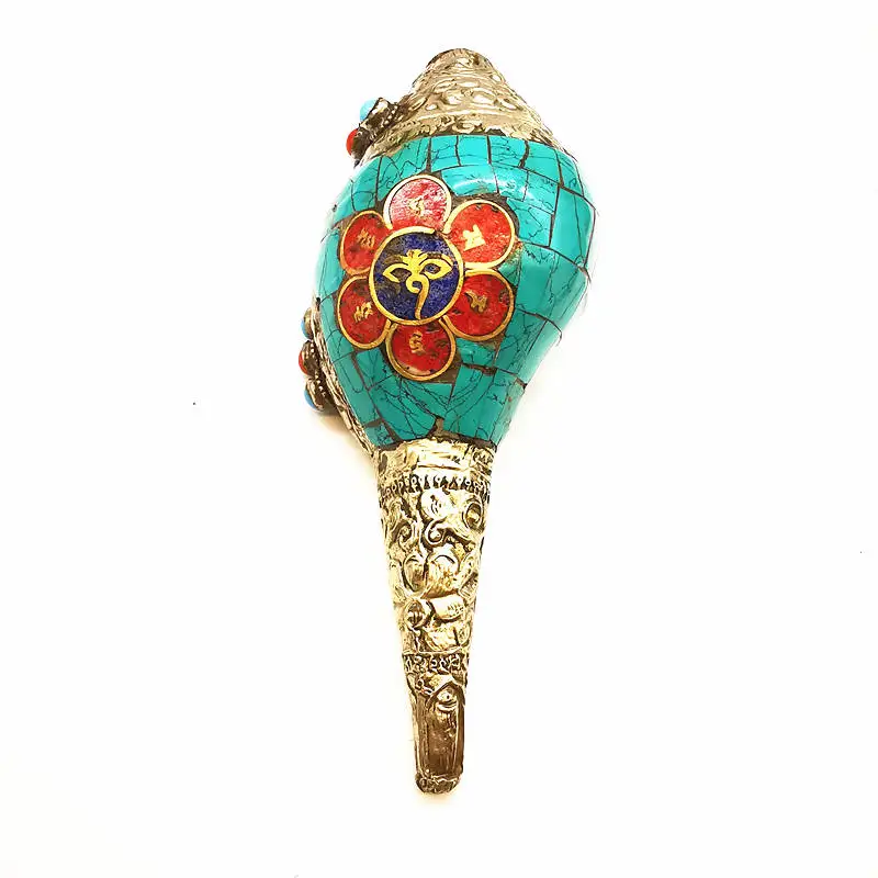 15CM Real Seashell Handicrafts Tibetan Buddhist Things Copper Capped Colorful Stone Craft Arts Free Shipping BC980