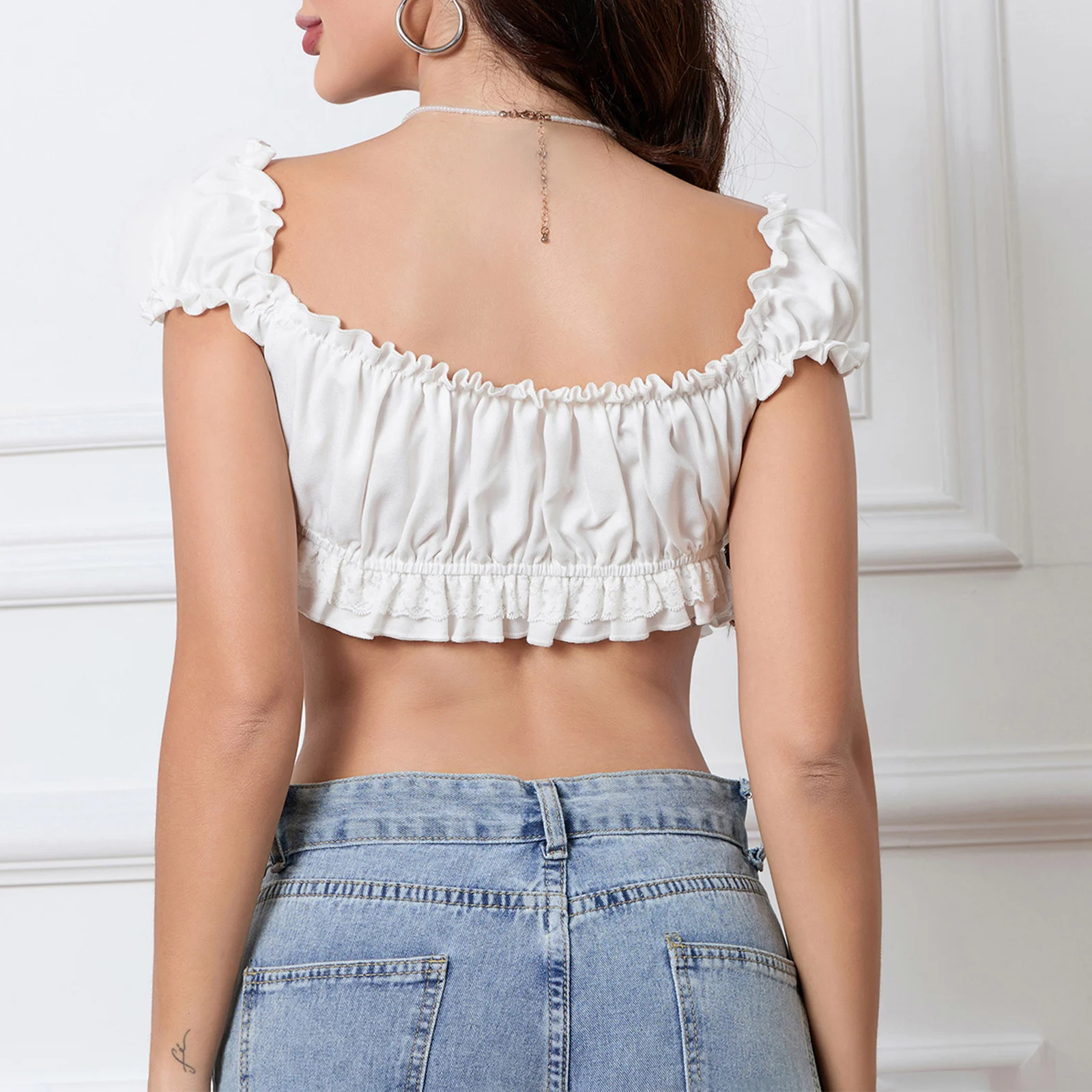 Sexy Off Shoulder Crop Tops Women Summer Slim Frill Trim 3D Bow Backless Short Sleeve Crop Shirts