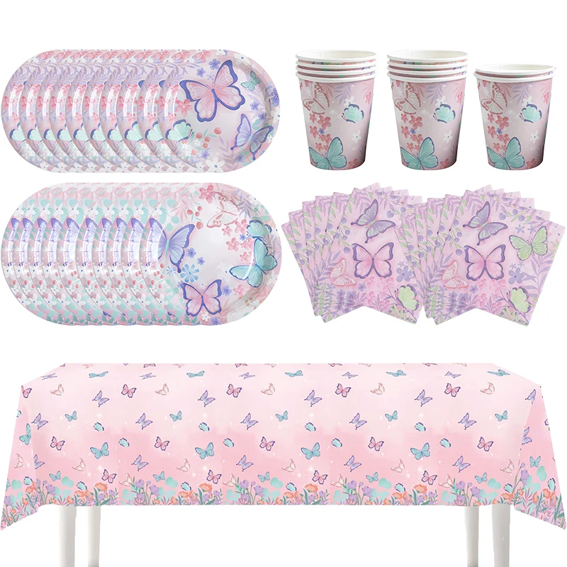 Zestaw zastawy stołowej Butterfly Party Wzór motyla Talerz papierowy Kubek na serwetki Jednorazowy obrus na przyjęcie urodzinowe Baby Shower