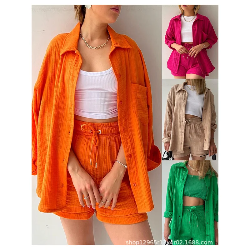 

New Two-Piece Suit Cotton Champray Lapel Long Sleeve Shirt Drawstring Shorts Fashion