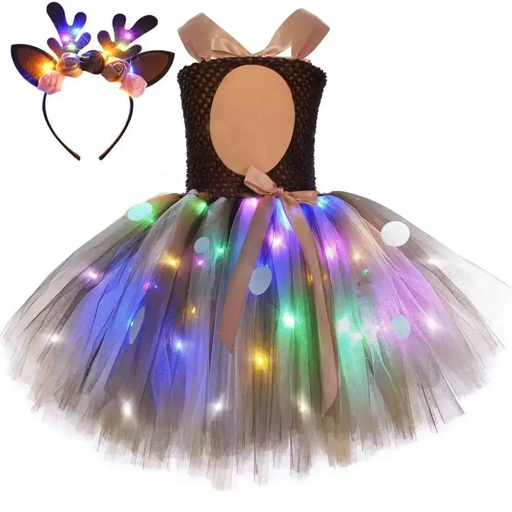 Deer Giraffe Costumes for Girls LED Lights Tiger Christmas Carnival Dresses for Kids Jungle Animals Disguise Outfit Xmas Clothes