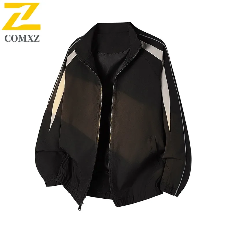 

COMXZ 2025 Men Notch Collar Jacket Color Block Loose Fit Korean Style Two Way Opening Casual Fashion Coat Trendy